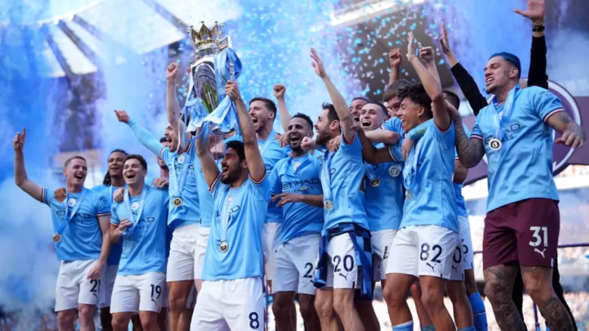 man city footballers with trophy