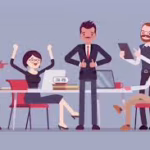 Group of animated characters in suits cheering