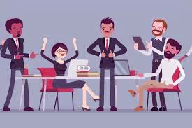 Group of animated characters in suits cheering