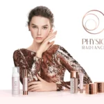 Model posing with the Physio Radiance skincare line