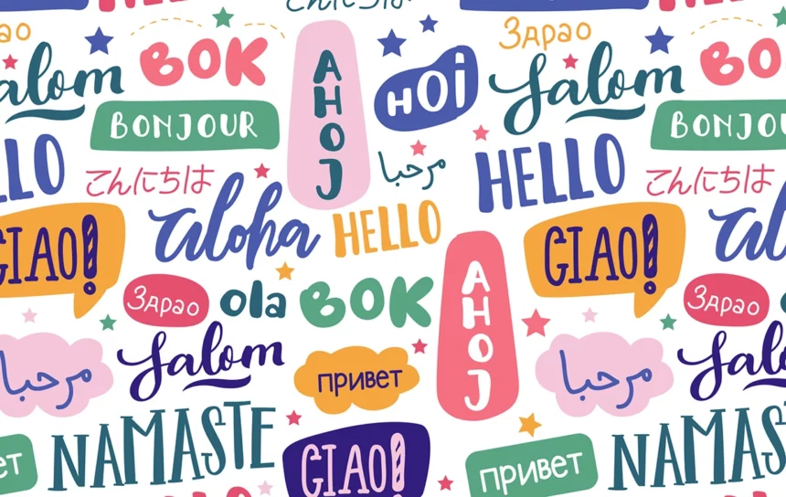 multilingual poster saying hello