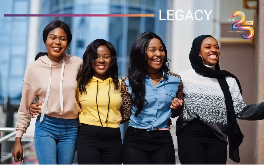 Group of African women with QNET 25th anniversary logo