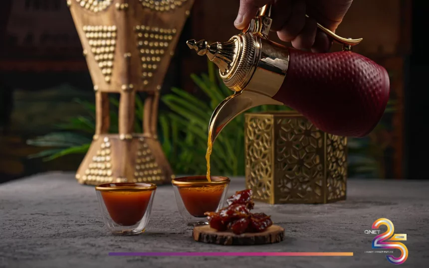 Pouring tea to break fast during Ramadan with dates