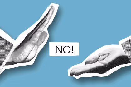 Say no campaign with to hands offering and the other saying no with a blue background