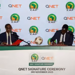 Representatives from CAF an QNET signing the renewal of the partnership in 2025