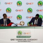 Representatives from CAF an QNET signing the renewal of the partnership in 2025