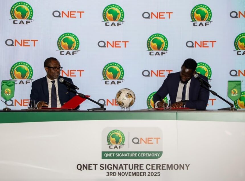 Representatives from CAF an QNET signing the renewal of the partnership in 2025